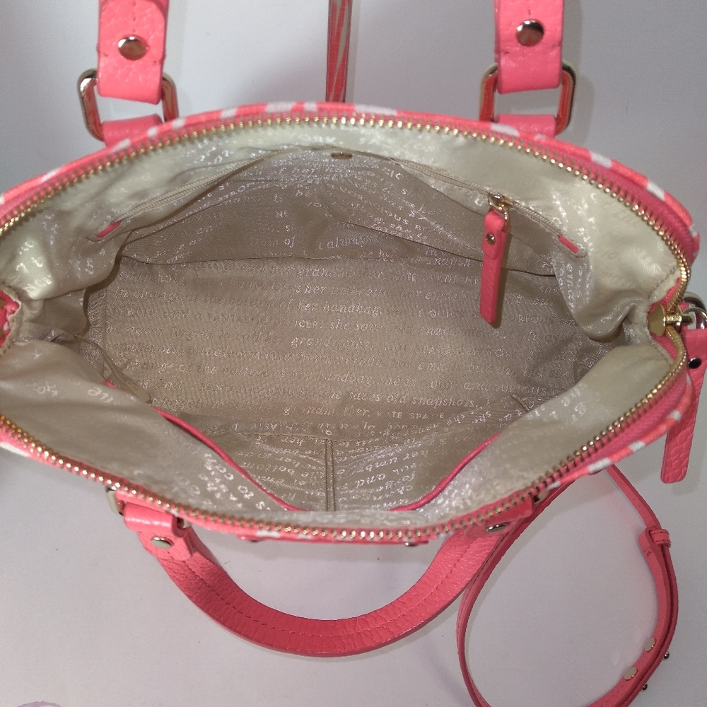 RARE Kate Spade Genuine Leather Pink & White Canvas Palm Tree Satchel Cr… - Picture 11 of 16
